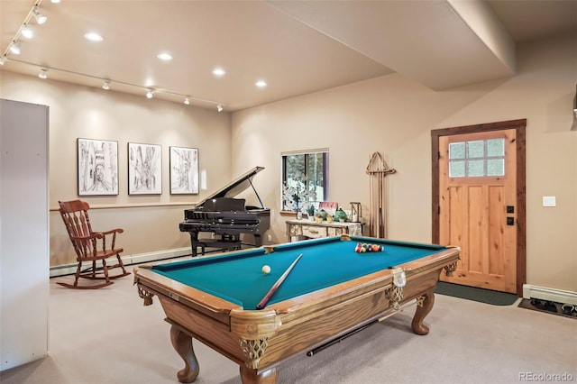 recreation room with billiards, recessed lighting, rail lighting, carpet flooring, and baseboards