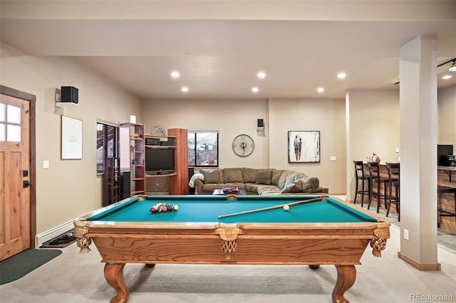 playroom with recessed lighting, pool table, a healthy amount of sunlight, and carpet flooring