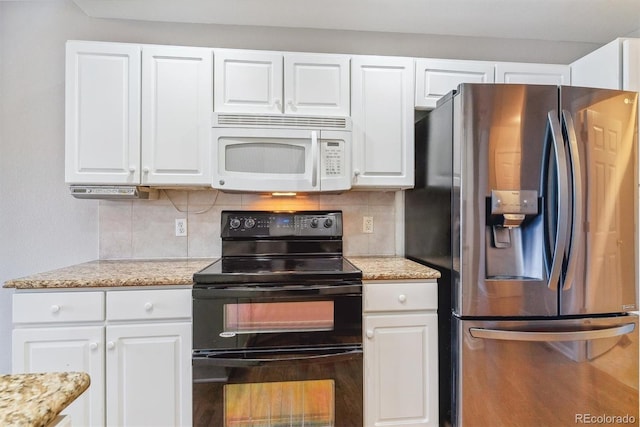 kitchen with tasteful backsplash, white cabinetry, black electric range, and stainless steel refrigerator with ice dispenser