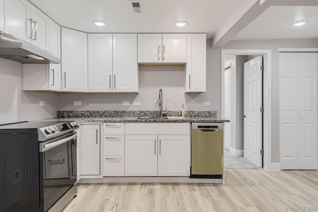 kitchen featuring sink, light wood-type flooring, white cabinets, and appliances with stainless steel finishes