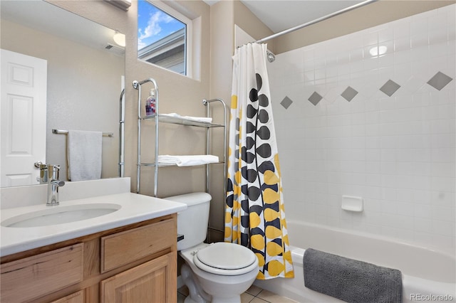 full bathroom with visible vents, shower / bathtub combination with curtain, toilet, vanity, and tile patterned flooring