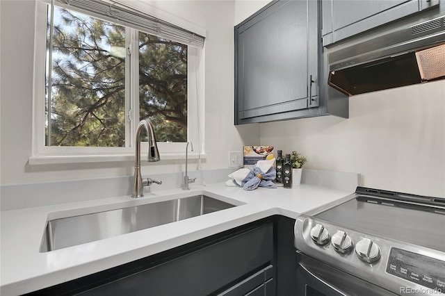 kitchen with stainless steel electric stove and sink