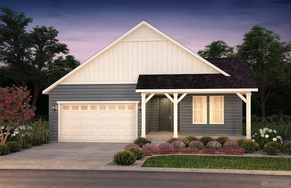 39668 Yorktown Ter, Elizabeth, CO 80107 - ranch-style home featuring an attached garage, driveway, a porch, and board and batten siding