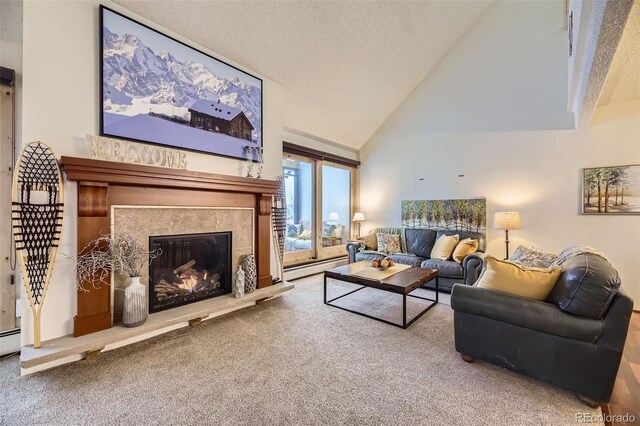 carpeted living room featuring a textured ceiling, a baseboard heating unit, and lofted ceiling