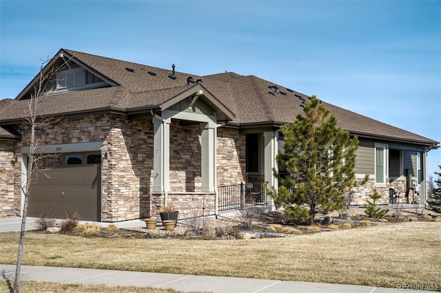 view of front facade with a garage, stone siding, concrete driveway, and a shingled roof