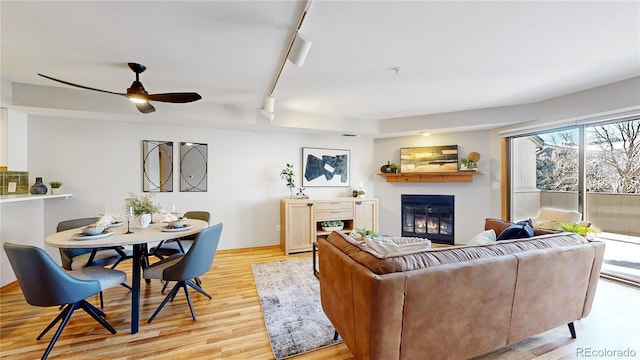 living room with ceiling fan, rail lighting, and light wood-type flooring