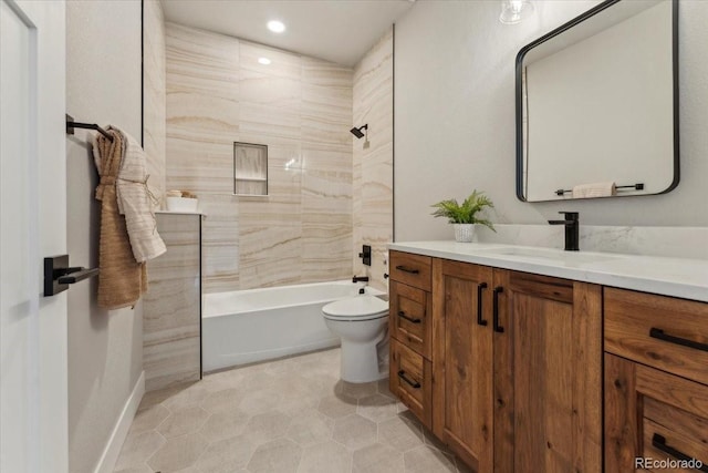 1361 Art Dr, Berthoud, CO 80513 - bathroom featuring vanity, toilet, shower / washtub combination, baseboards, and tile patterned flooring