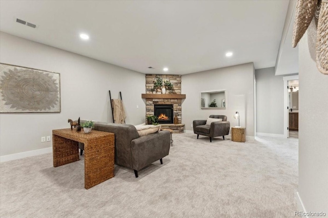 1361 Art Dr, Berthoud, CO 80513 - living room with light carpet, a fireplace, recessed lighting, and baseboards