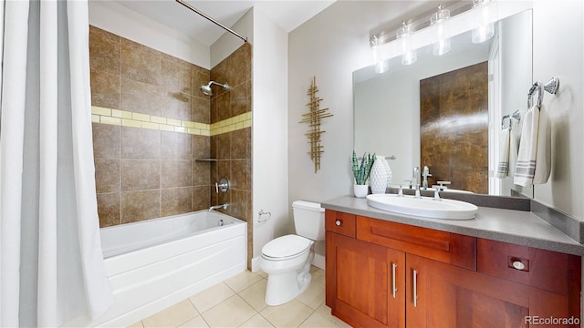 8041 E 29th Ave, Denver, CO 80238 - bathroom with shower / tub combo with curtain, tile patterned flooring, and vanity
