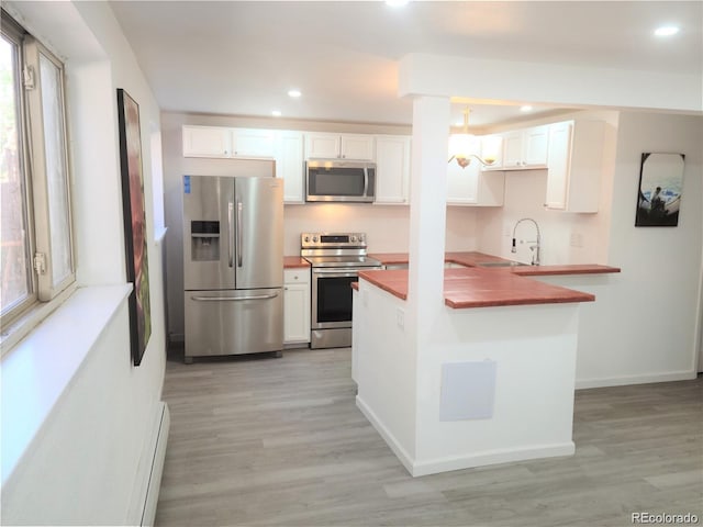 kitchen featuring kitchen peninsula, light wood-type flooring, white cabinetry, and stainless steel appliances