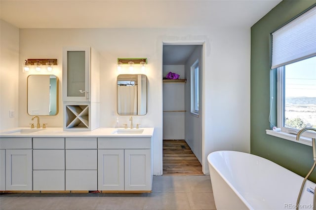 bathroom with a freestanding bath, double vanity, and a sink