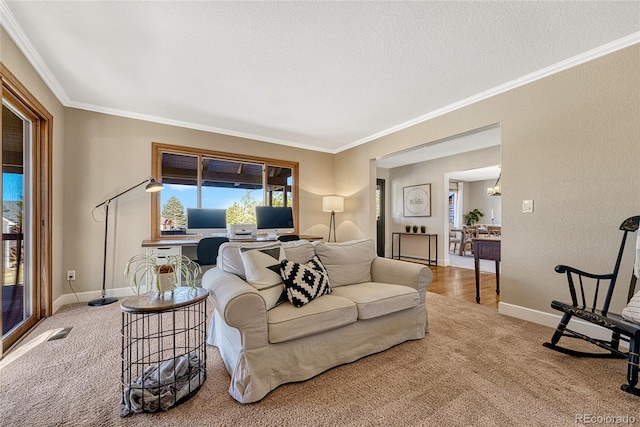 living room featuring carpet, a textured ceiling, and ornamental molding