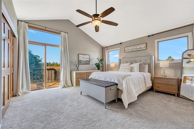 bedroom featuring ceiling fan, light colored carpet, lofted ceiling, and access to outside