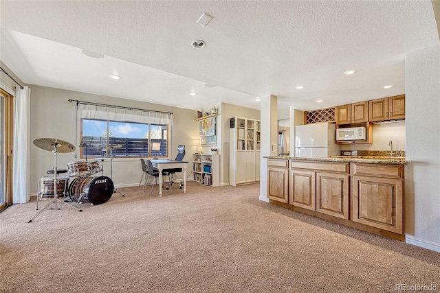 interior space with white appliances, light carpet, sink, a textured ceiling, and light stone counters