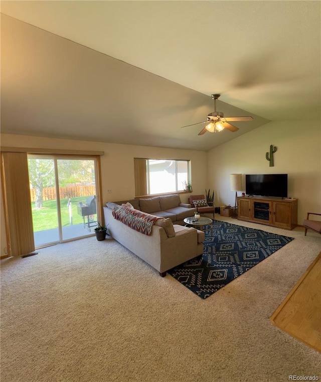 1436 H St Unit B, Salida, CO 81201 - living room featuring vaulted ceiling, carpet floors, and ceiling fan