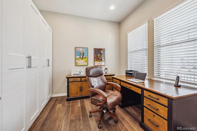 office space featuring dark hardwood / wood-style flooring