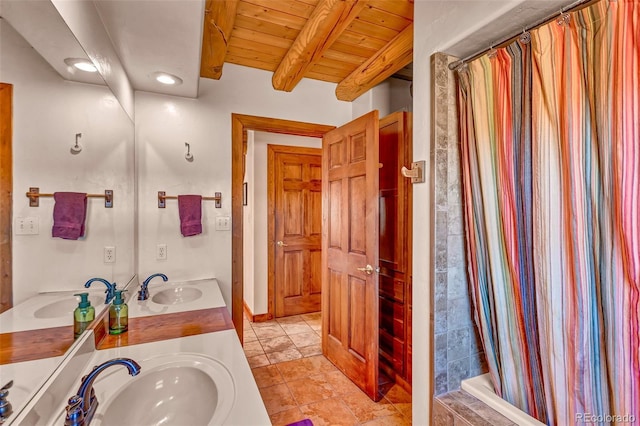 1528 Silverheels Rd, Fairplay, CO 80440 - full bath with double vanity, wooden ceiling with exposed beams, and shower / bath combo