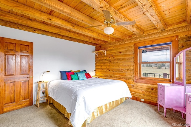 1528 Silverheels Rd, Fairplay, CO 80440 - bedroom with wood ceiling with exposed beams, carpet, and ceiling fan