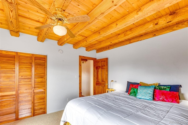 1528 Silverheels Rd, Fairplay, CO 80440 - carpeted bedroom with wood ceiling with exposed beams, a closet, and a ceiling fan
