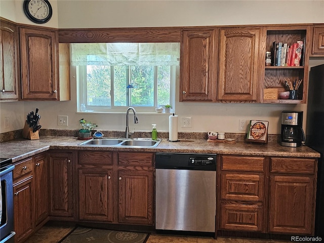 kitchen with dark countertops, stainless steel dishwasher, and a sink