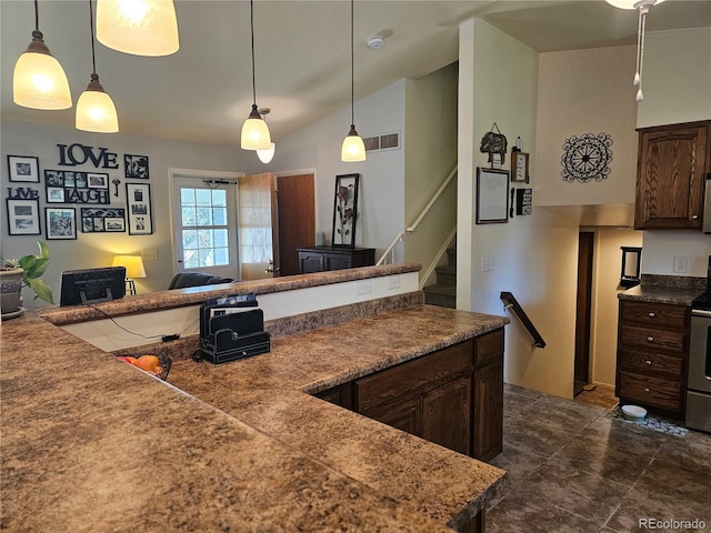 kitchen with visible vents, dark brown cabinetry, open floor plan, range with electric cooktop, and dark countertops