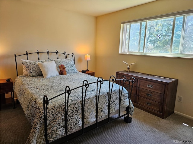 carpeted bedroom featuring multiple windows and baseboards