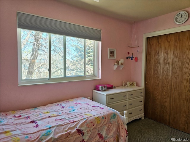 bedroom with dark colored carpet