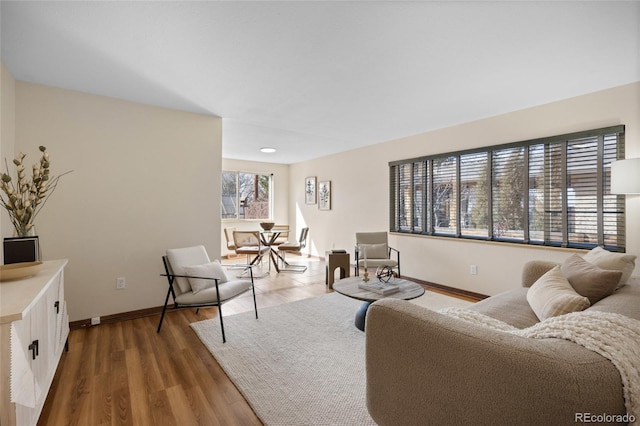 living room featuring wood finished floors and baseboards