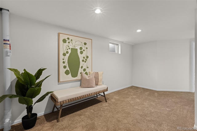 sitting room featuring recessed lighting, baseboards, and carpet floors