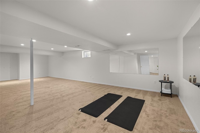 workout area featuring carpet flooring, recessed lighting, and baseboards