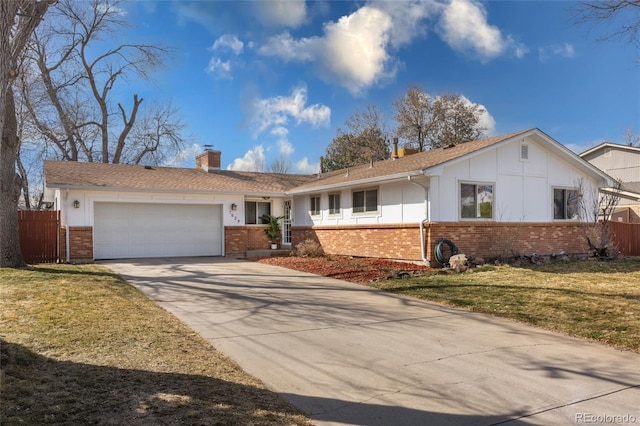 single story home with a garage, brick siding, a chimney, and fence