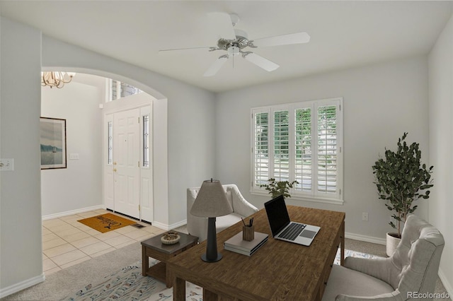 7400 W Grant Ranch Blvd Unit 9, Littleton, CO 80123 - tiled office with arched walkways, a ceiling fan, and a chandelier