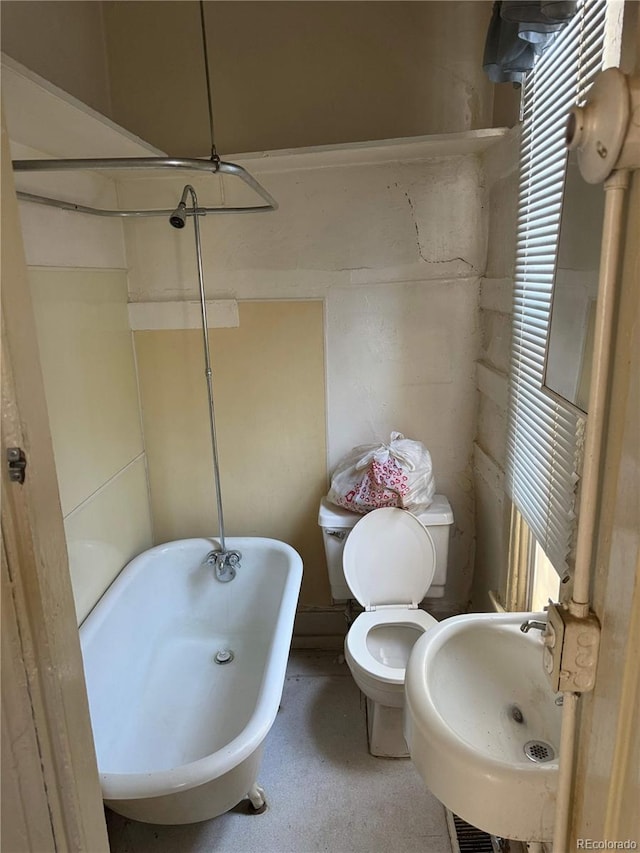 bathroom with toilet, sink, and a washtub