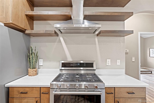 12532 Mount Belford Way, Peyton, CO 80831 - kitchen with gas stove, open shelves, island exhaust hood, light countertops, and wood finished floors