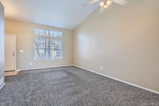 unfurnished room featuring lofted ceiling, light colored carpet, and ceiling fan