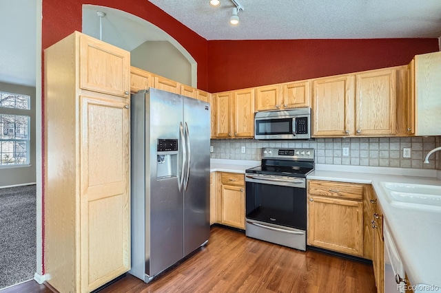 kitchen featuring vaulted ceiling, appliances with stainless steel finishes, sink, and decorative backsplash