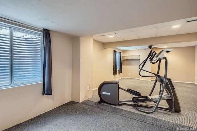 workout area featuring a paneled ceiling and carpet flooring