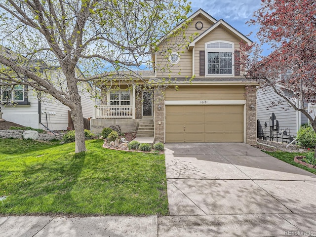 16181 White Hawk Dr, Parker, CO 80134 - traditional-style house with brick siding, a garage, driveway, a front lawn, and a porch