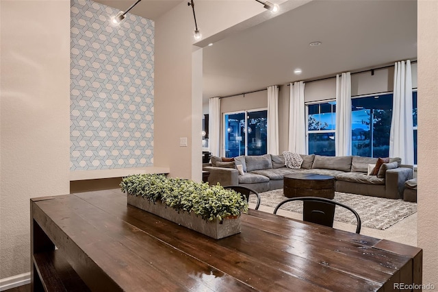 living room with hardwood / wood-style floors and track lighting