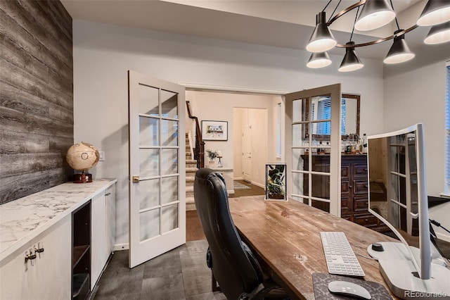 office space featuring dark wood-type flooring and french doors