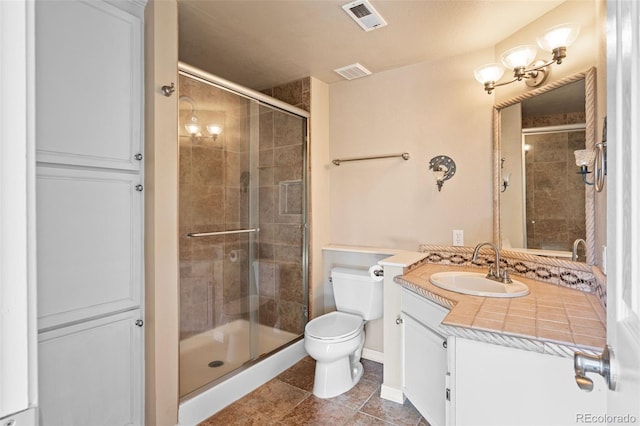 full bath featuring vanity, a shower stall, toilet, and visible vents