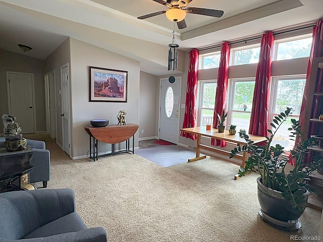29 Granada Ct, Silver Cliff, CO 81252 - office area featuring carpet floors, ceiling fan, a raised ceiling, and baseboards