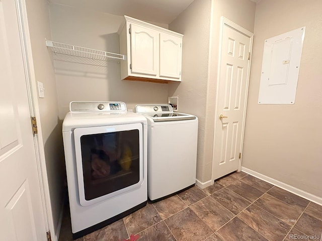 29 Granada Ct, Silver Cliff, CO 81252 - laundry area featuring electric panel, washing machine and clothes dryer, cabinet space, and baseboards