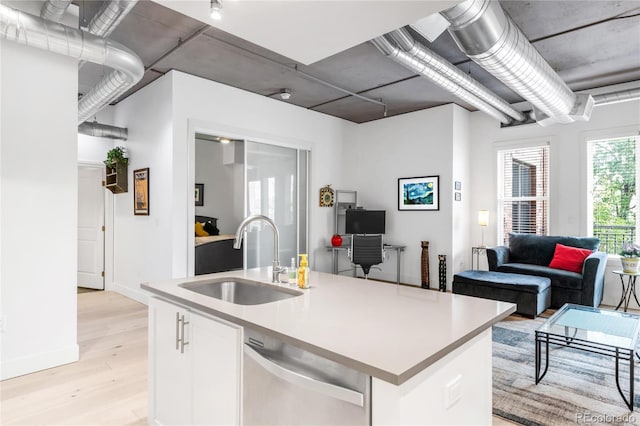 3401 Arapahoe Ave Unit 105, Boulder, CO 80303 - kitchen with a sink, dishwasher, light wood-style flooring, white cabinets, and light countertops