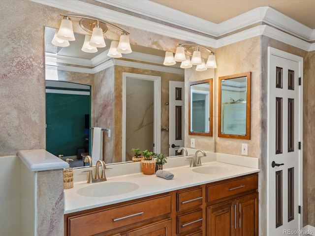 10954 W 100th Way, Broomfield, CO 80021 - bathroom featuring double vanity, ornamental molding, and a chandelier