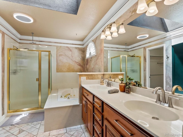 10954 W 100th Way, Broomfield, CO 80021 - full bath featuring a shower stall, crown molding, a garden tub, and double vanity