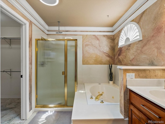 10954 W 100th Way, Broomfield, CO 80021 - full bathroom with a stall shower, a jetted tub, crown molding, a walk in closet, and vanity