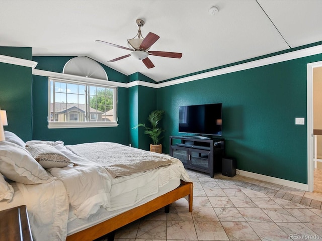 10954 W 100th Way, Broomfield, CO 80021 - bedroom featuring vaulted ceiling, marble look tile flooring, and a ceiling fan
