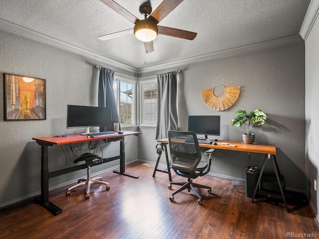 10954 W 100th Way, Broomfield, CO 80021 - office area featuring a textured wall, a textured ceiling, ornamental molding, a ceiling fan, and wood finished floors