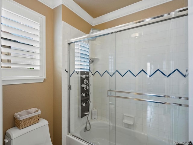 10954 W 100th Way, Broomfield, CO 80021 - bathroom with enclosed tub / shower combo, plenty of natural light, and ornamental molding